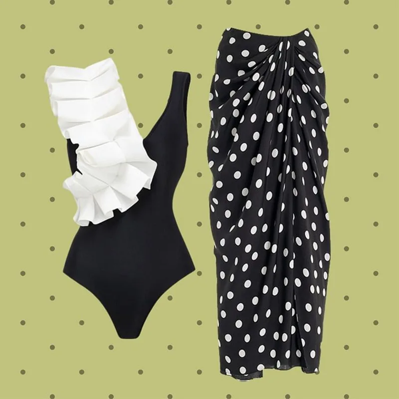 

2023 New Women's Bla White Color Blo Piece Swimsuit with Polka Dot Skirt Set Surfing Suit ort Sve Fixed Chest Pad