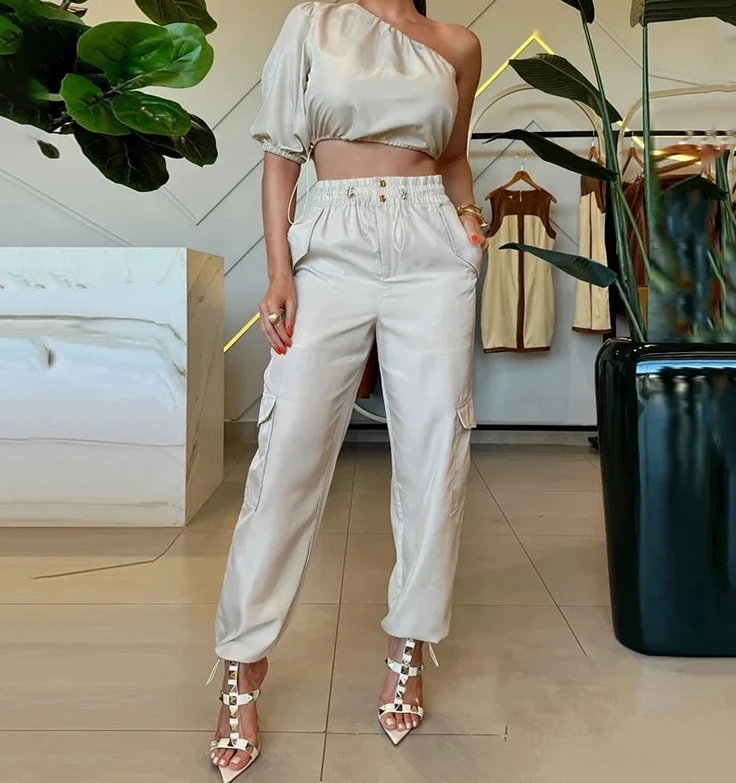 

2024 Summer New Casual Two Piece Set Fashion Diagonal Collar Raglan Sleeve Top Casual Style Long Pants Two Piece Set