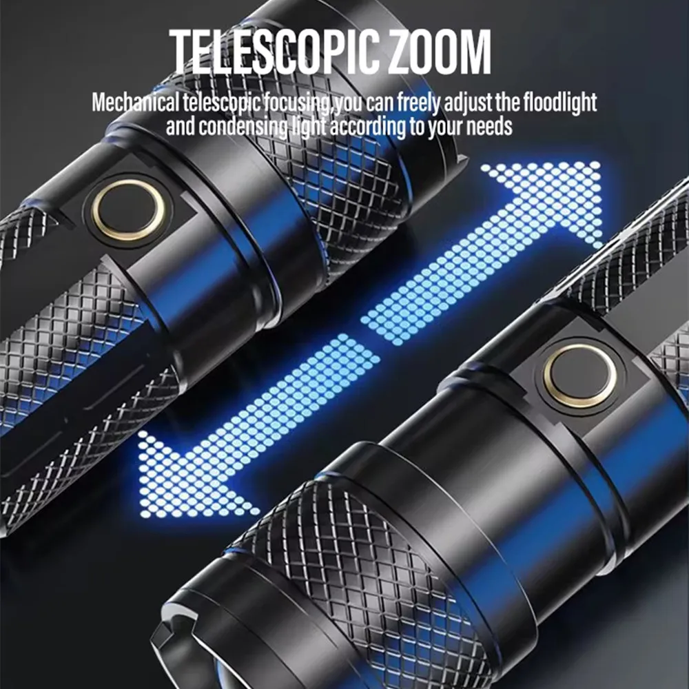 Powerful Long Range LED Flashlight Camping Torch Telescopic Zoom With Tail COB Floodlight Multiple Lighting Modes