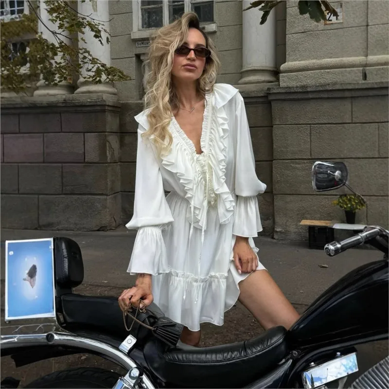 

Women Ruffle Solid Lace Up V Neck Sweet Mini Chiffon Dress Fashion Vintage Elegant Patchwork Long Sleeve Dresses 2025 New Dress