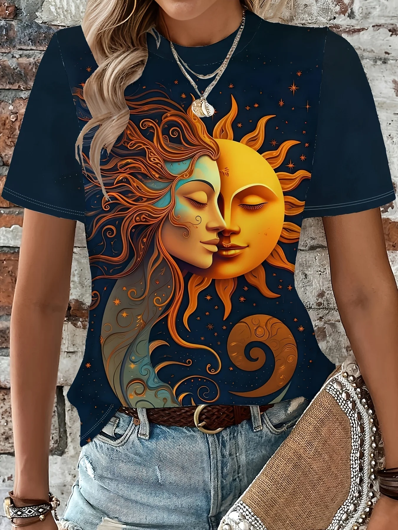 Sun & Moon Print Crew Neck T-shirt, Short Sleeve Casual Top for Spring & Summer, Women's Clothing