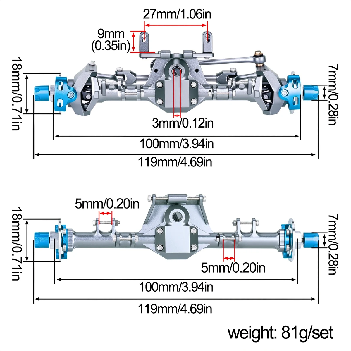 Front Rear Straight Axle +9mm Aluminum for SCX24 – Hydraulic Steering Link Set for Deadbolt Gladiator 1/24