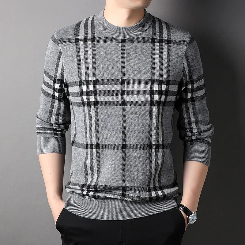 High-End Classic Plaid Jacquard Men's Sweater Knitwear 2024 Autumn Winter Round Neck Luxury Pullovers Warm Knit Men Clothing