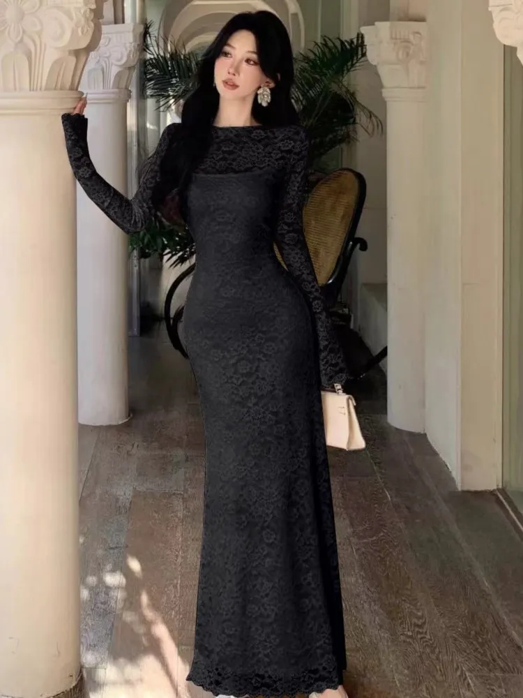 Sexy Lace Two-piece Solid Midi Dress Set Women Long Sleeve O-neck Slim Waist Bodycon Vestidos Autumn New Wedding Party Dresses