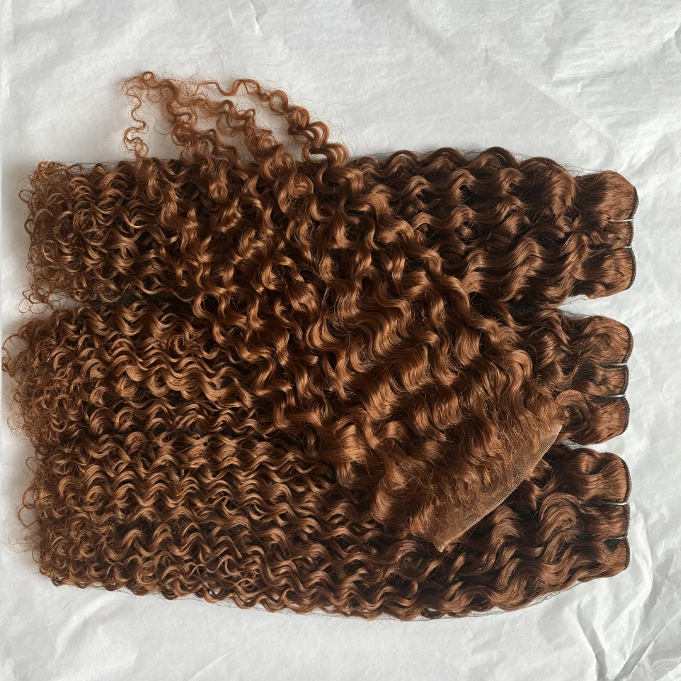 Color 4 Brown Water Deep Wave Human Hair bundles With lace Closure Frontal Wet and Wavy Weave Curly Extensions for Black Women