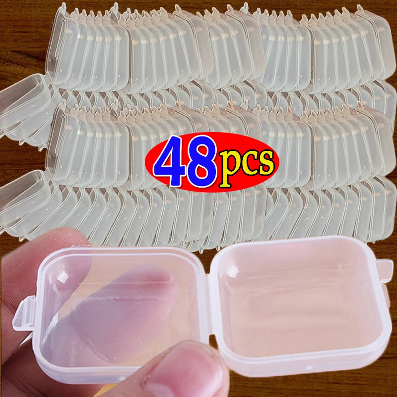 

48pcs Mini Square Storage Box Transparent Plastic Flip Cover Case Pill Jewelry Earrings Dustproof Storage Pack Boxes Wholesale