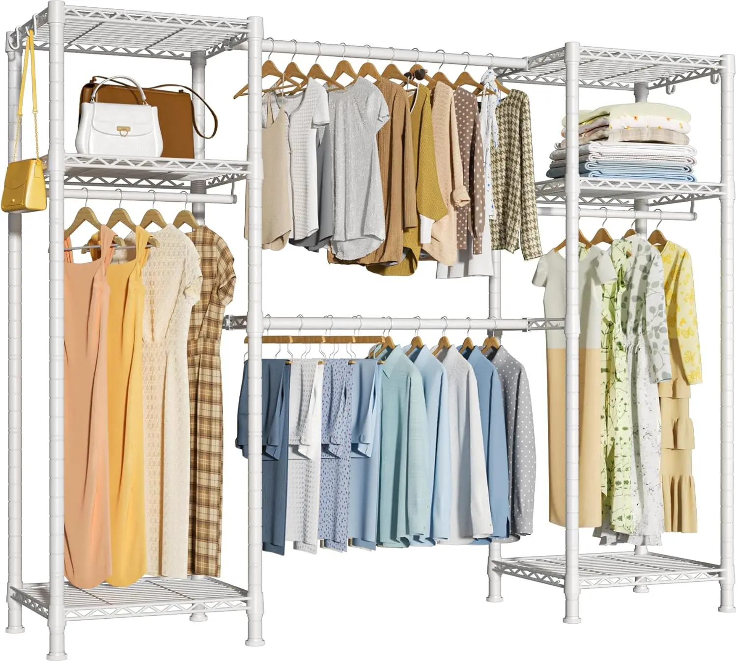 

E7 Heavy Duty Garment Ra, Clothes Organizer And Storage Ra With Expandable Hangers, Metal Clothing Ra With 6 Wire Shelves,