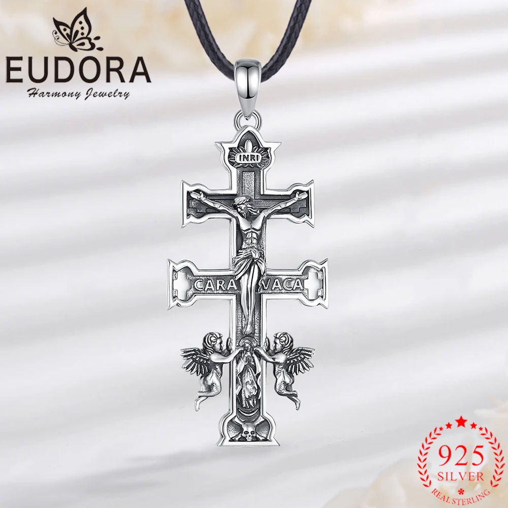 

Ожерелье Eudora из стерлингового серебра 925 пробы с крестом Каравака и подвеской с Иисусом, Девой Марией и ангелом для мужчин и женщин, религиозные украшения, изысканный подарок