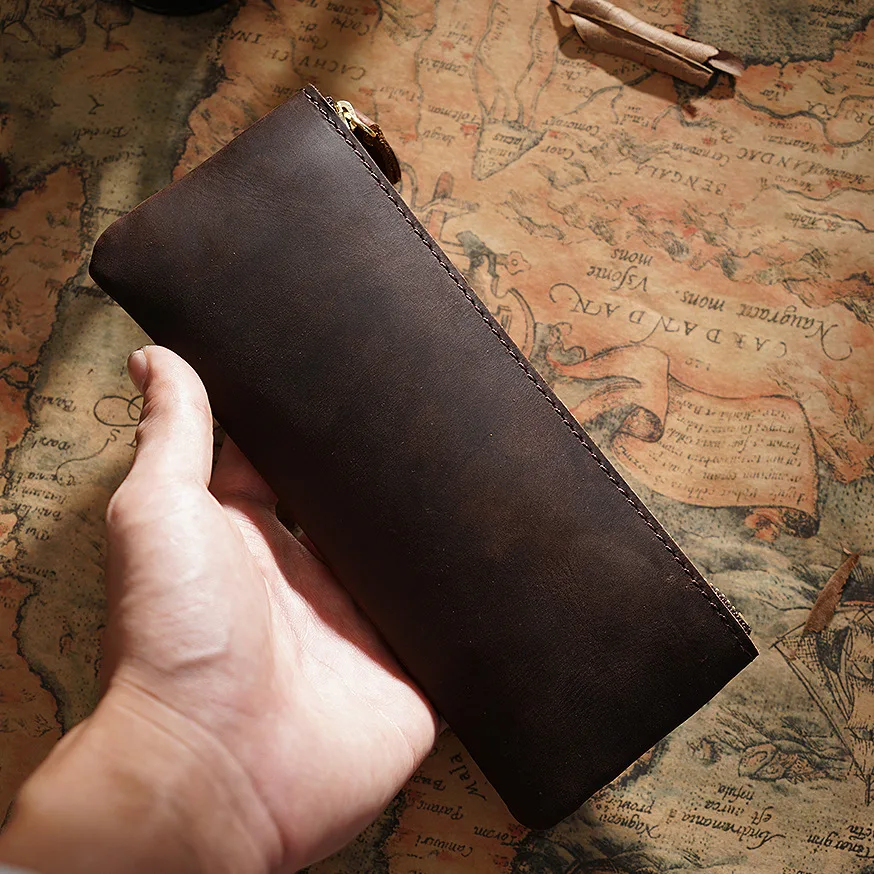 Stationery Storage Bag Men and Women Cowhide Zipper Simple Pencil Bag Handmade Creative Pencil Box Retro Stationery Storage Bag