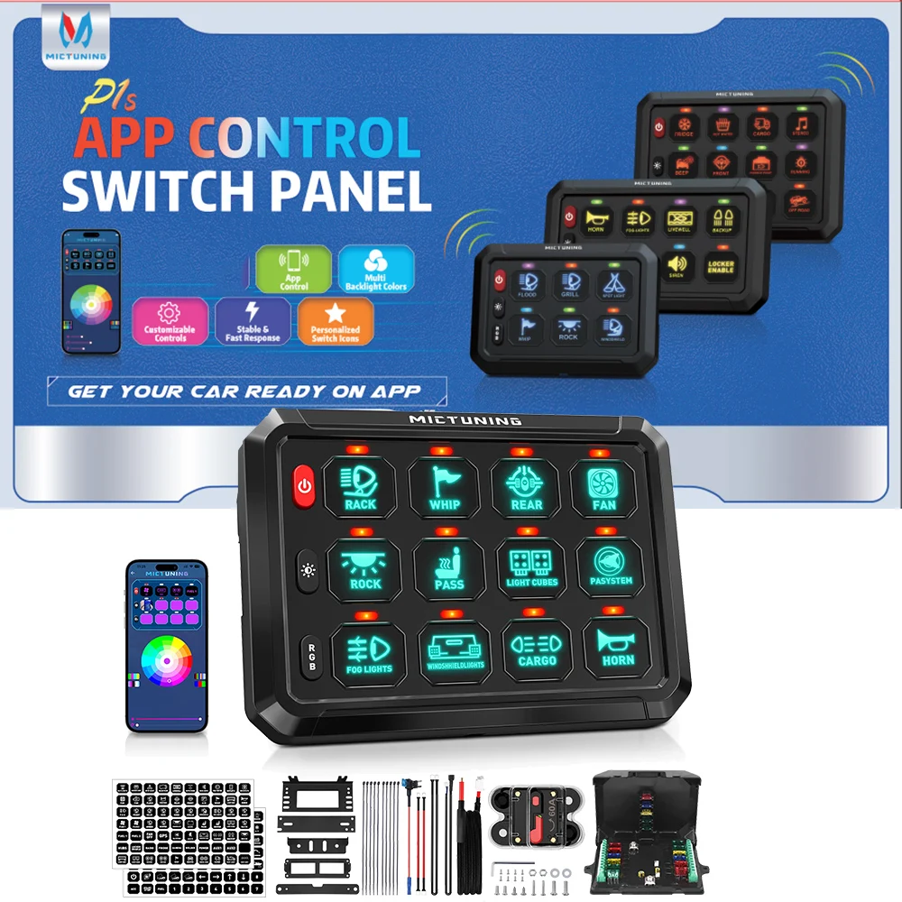

MICTUNING RGB App 8/12 Gang Switch Panel, Bluetooth and APP Control TOGGLE/ MOMENTARY/ PULSED MODE LED On-Off Led switch for Car