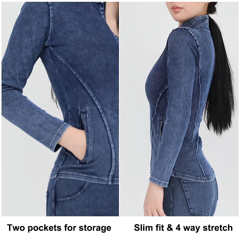 Women Gym Jacket Full Zip Long Sleeve Fitness Top Stretch Denim Coat Slim Fit Women Casual Running Jacket Sports Yoga Sweatshirt