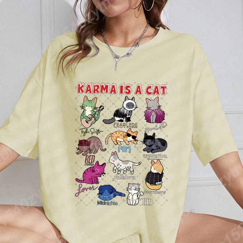 Karma Is A Cat Graphic T-shirts For Women, Summer Short Sleeve Round Neck Tees, Ladies Hot Selling Oversized Clothing