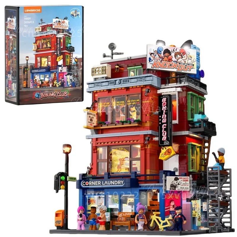 

American Street Series Building Blocks Boxing Club Street View Lighting Assembly Toy Models Desktop Decoration Collectible Gifts