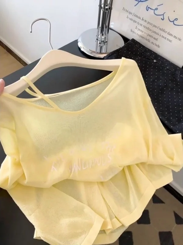 

Korean Style Long Sleeve Yellow Cover up Top Women's Slim Fit Waist Cinched Letter Print Casual Breathable Loose Fit T-Shirt