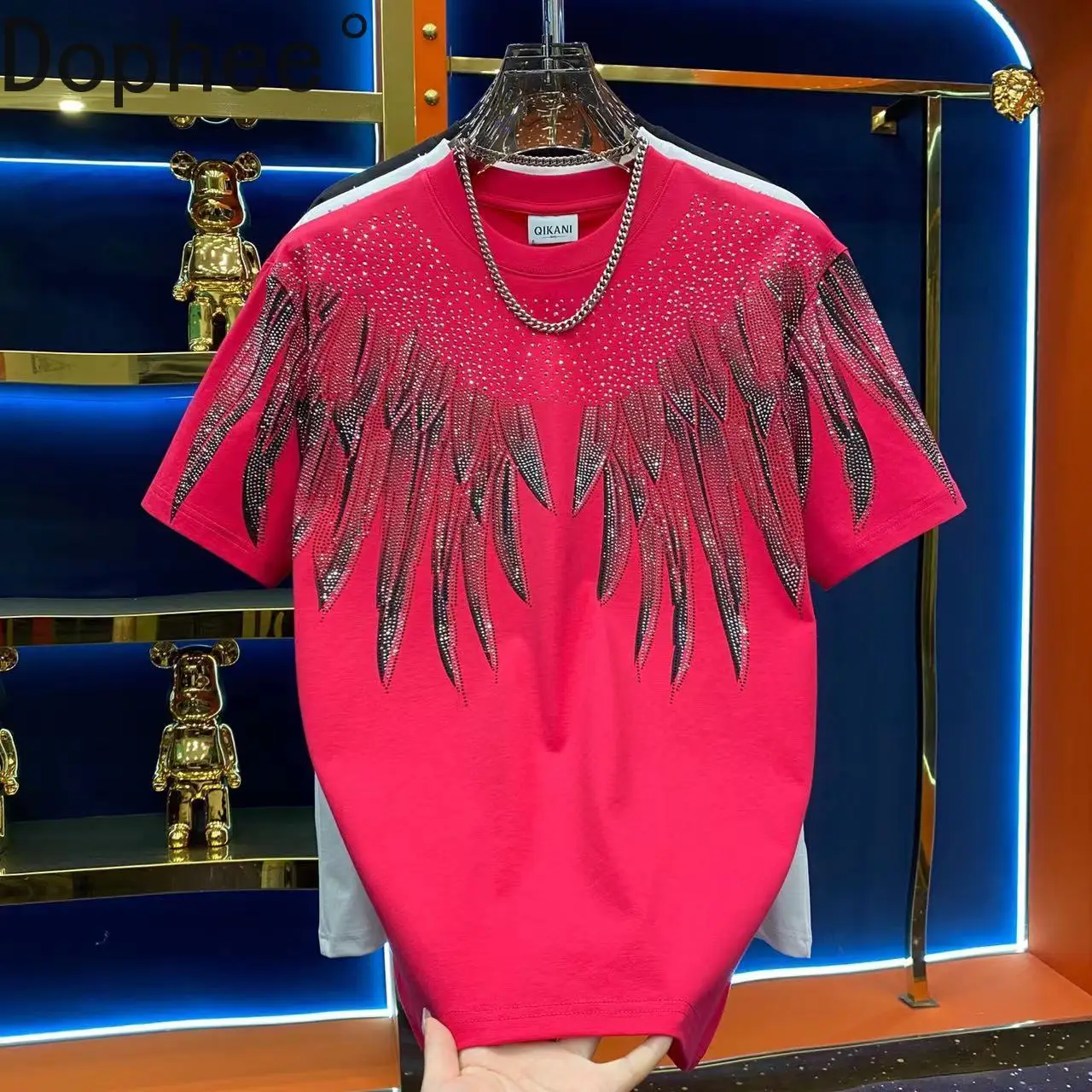 

Personality Luxury Wings Hot Drilling Short Sleeve T-shirt Trendy Men's Round Neck Pullover Top All-match Male Cotton Basic Tees
