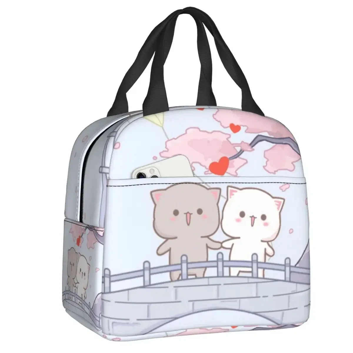 Cartoon Mochi Cat Peach And Goma Meme Lunch Bag Women Thermal Cooler Insulated Lunch Box for Work Office Travel Picnic Food Bags