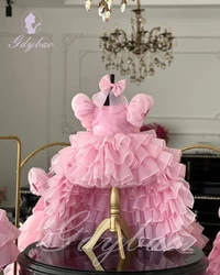 Pink/White Layered Flower Girl Dress For Wedding Puffy With Tail Bow Short Sleeves Kids Baby Birthday First Communion Gown