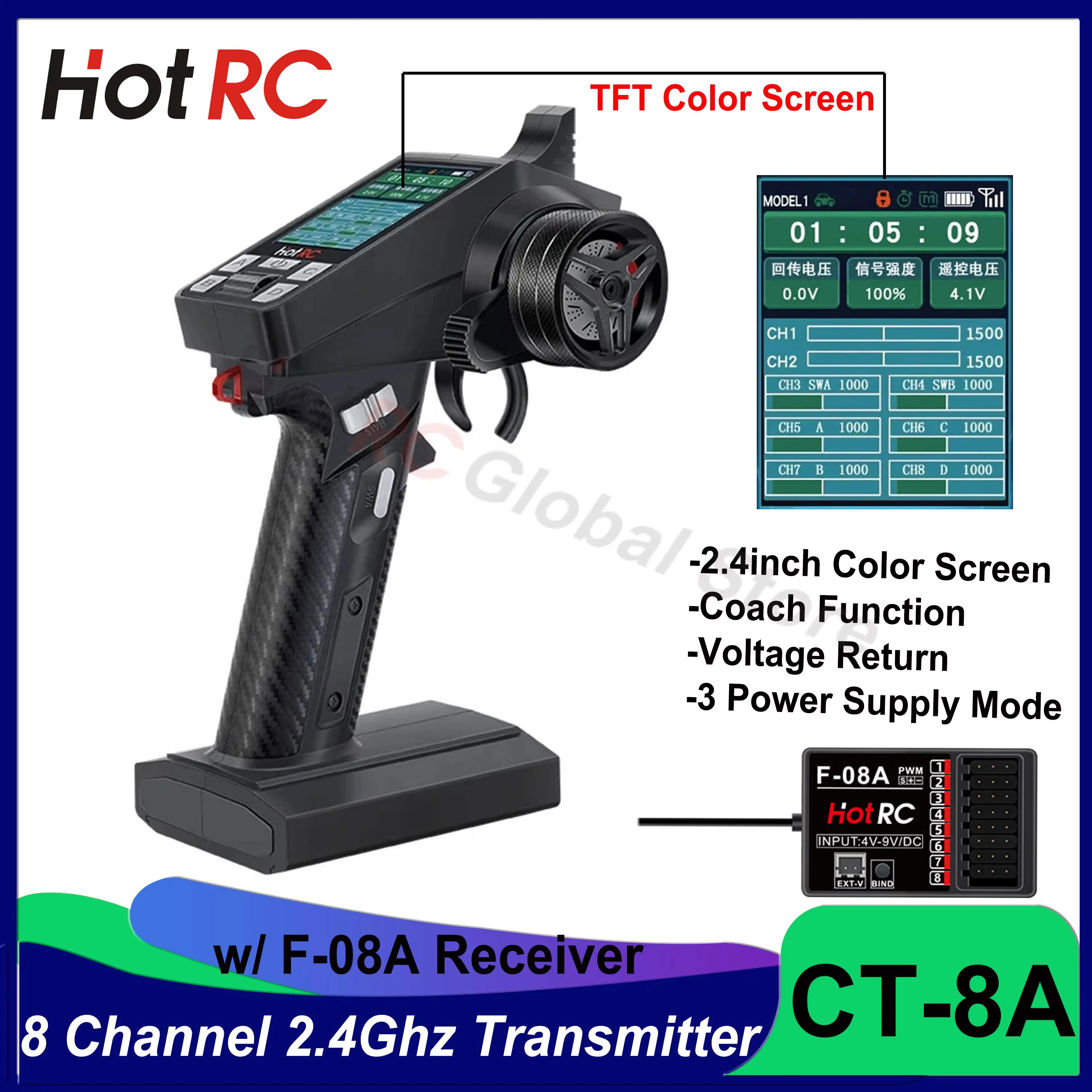 HOTRC-CT-8Aチャンネルリモートコントローラー、受信機付きラジオ送信機、rcカー、バギー、ボート、タンク、F-08A m、300 ghz、fhss、8 ch