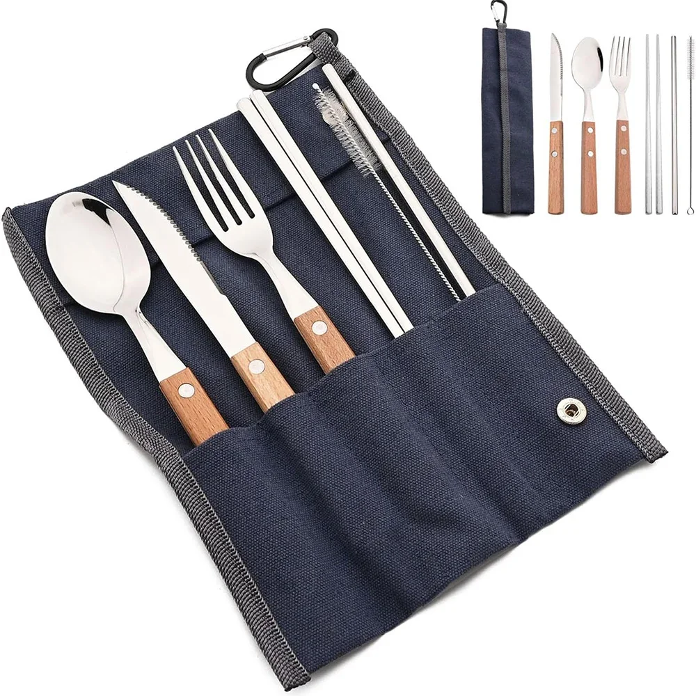 7Pcs/Set Tableware Reusable Travel Cutlery Set Camp Utensils Set 304 Stainless Steel Spoon Fork Chopsticks Straw Portable Case
