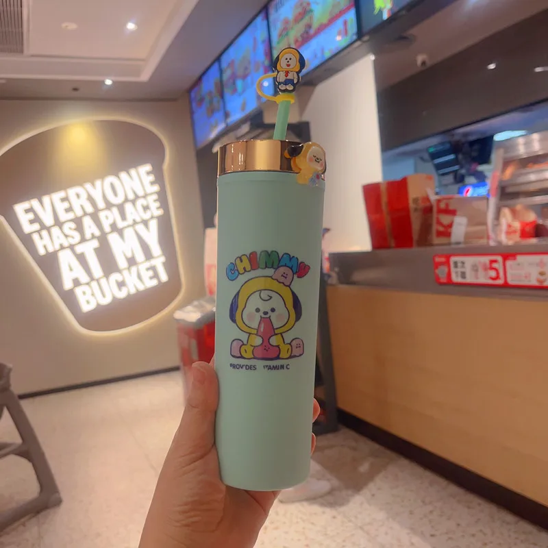 Kawaii Bt21Ed Anime Pp Environmental Protection Material Double-Layer Straw Cup Cute Cartoon Large-Capacity Accompanying Cup