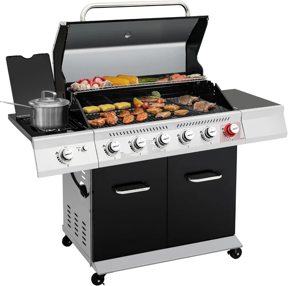 6-Burner Propane Gas Grill with Sear Burner and Side Burner,74,000 BTUs,for Barbecue Grilling & Backyard Cooking, Black