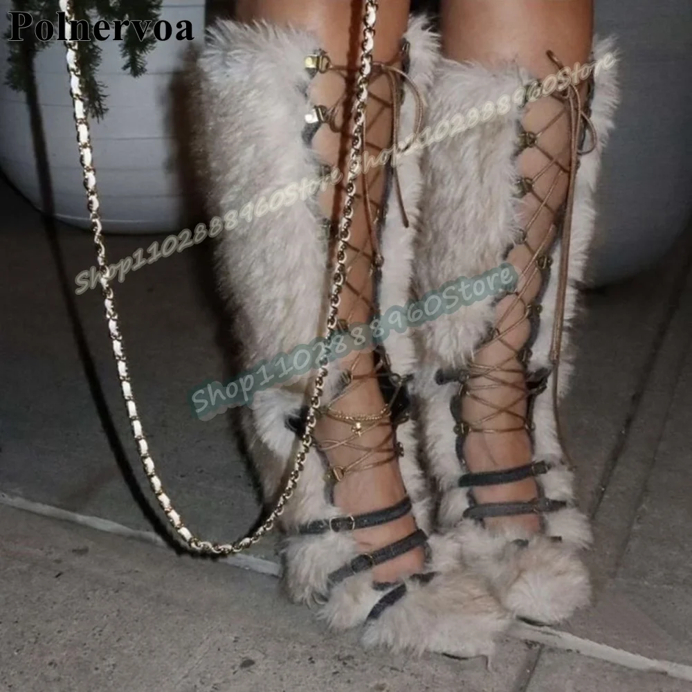 Botas peludas con correa y hebilla hasta la rodilla Para Mujer, Zapatos de tacón alto con punta redonda atada cruzada, Zapatos de fiesta a la moda Para Mujer