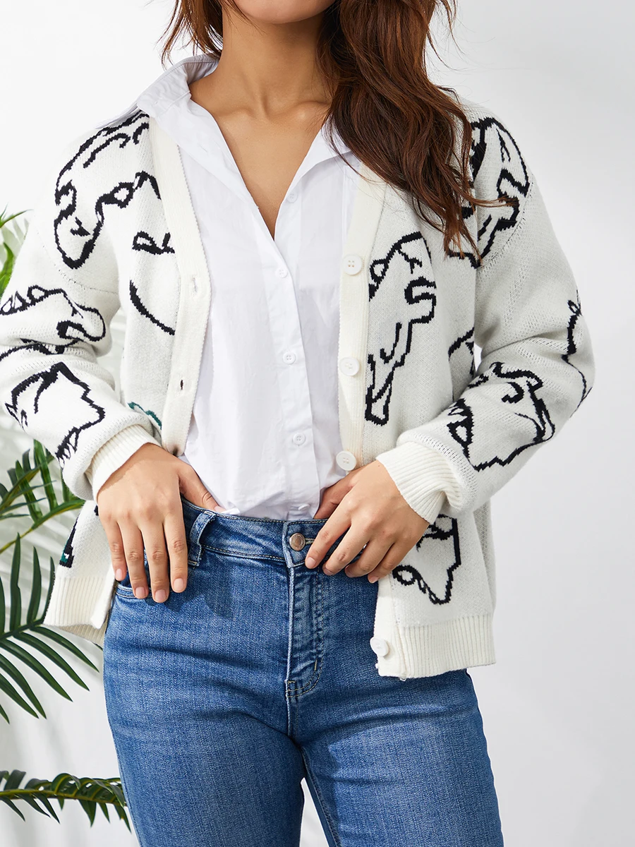 Women Casual Loose Tops Dinosaur Print Long Sleeve Loose Knitted Cardigan with Buttons Autumn Sweaters for Women S/M/L/XL