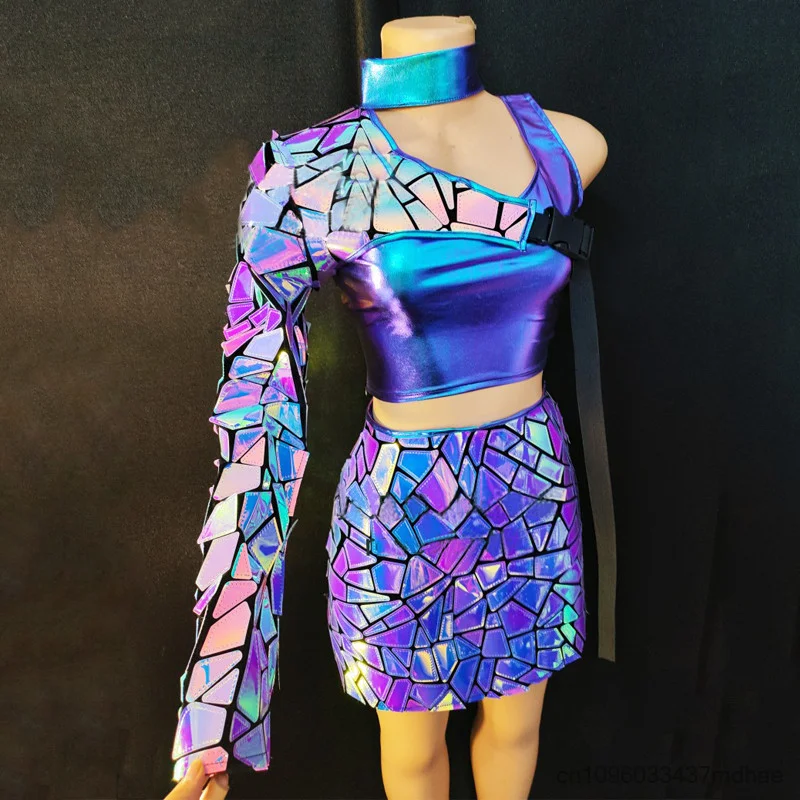 Women Sexy Mirror Dance Costume Iridescent Sequined Crop Top Skirt Multiple Colors Stage Performance Outfit Nightclub DJ Show