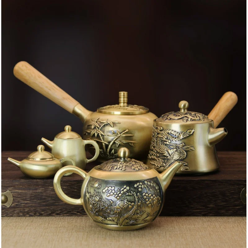 Pure Brass Mountain Kettle Relief Baifu Teapot Dragon and Phoenix Handle Pot Home Creative Bronze Crafts Decoration Wholesale