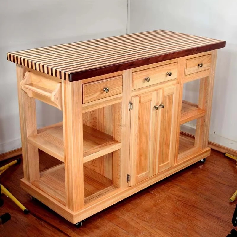 Handcrafted Wooden Kitchen Cart with Premium Inlay Custom Maple & Walnut Cossatot Parquet Kitchen Island
