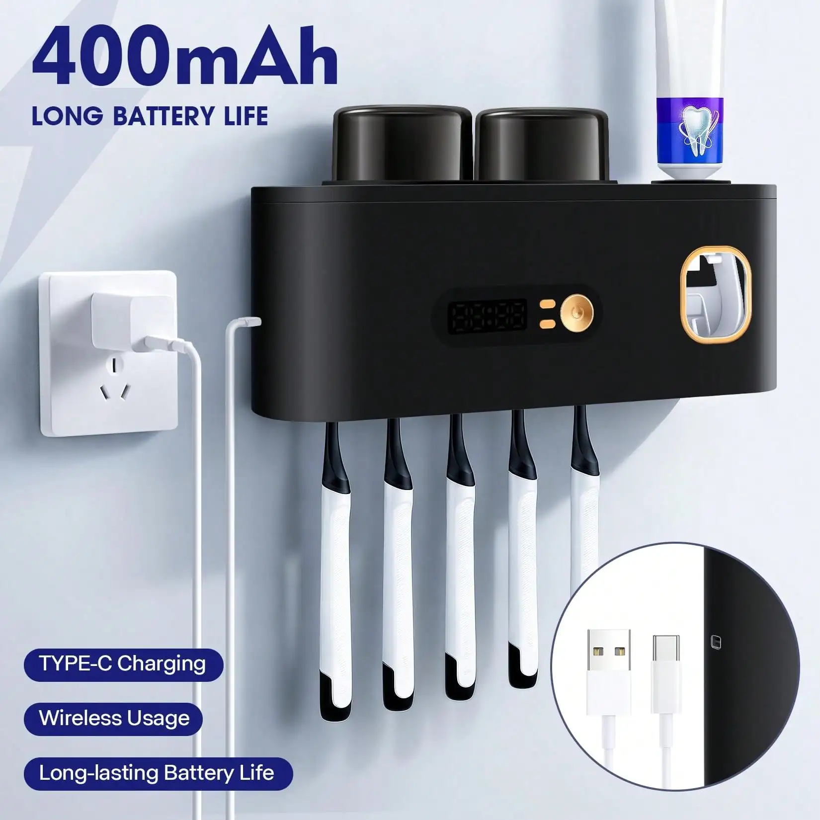 Smart Toothbrush Sterilizer (1 Unit) - USB Charging + Clock - 5-Slot Storage Brush Holder - Includes 2 Cups + Automatic Toothpaste Dispenser - Modern Bathroom Plastic Storage Rack For Dental Hygiene Essentials