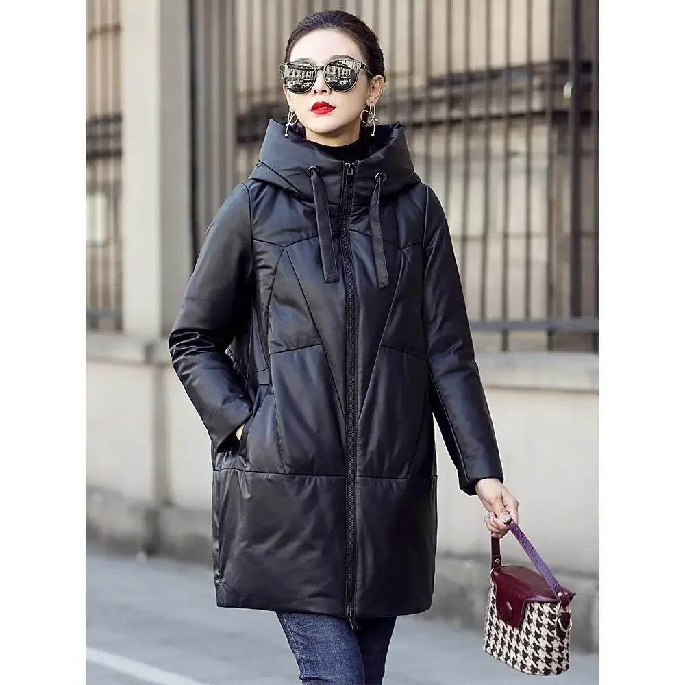 Genuine Leather Down Jacket Women's Winter Puffer Jackets Female Elegant Hooded Thick Natural Sheepskin Coat Women Clothing 2023