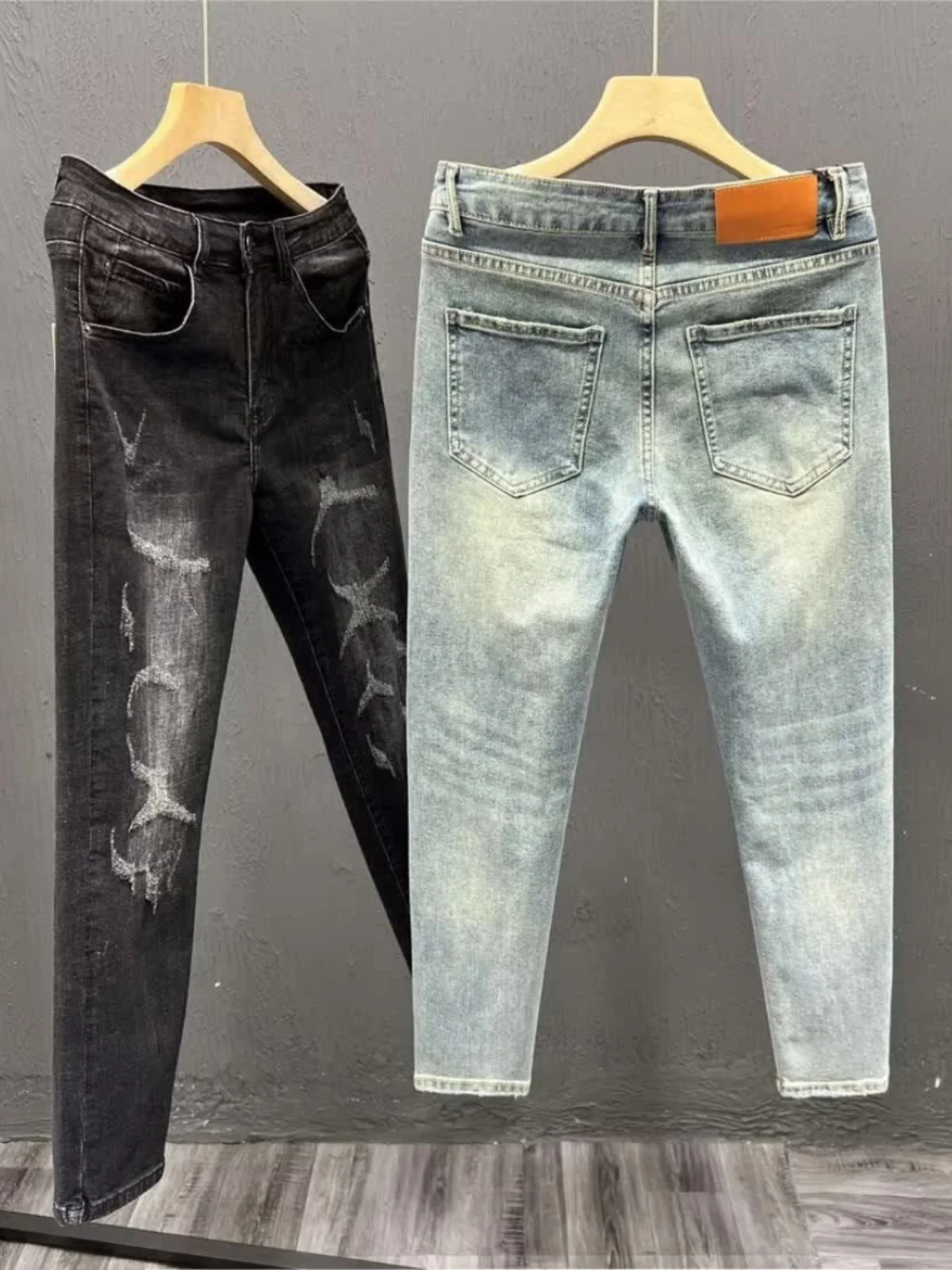 Calça jeans masculina retrô azul da, elástica, slim fit, nove décimos, tendência de verão, casual, calças cridas, jean...