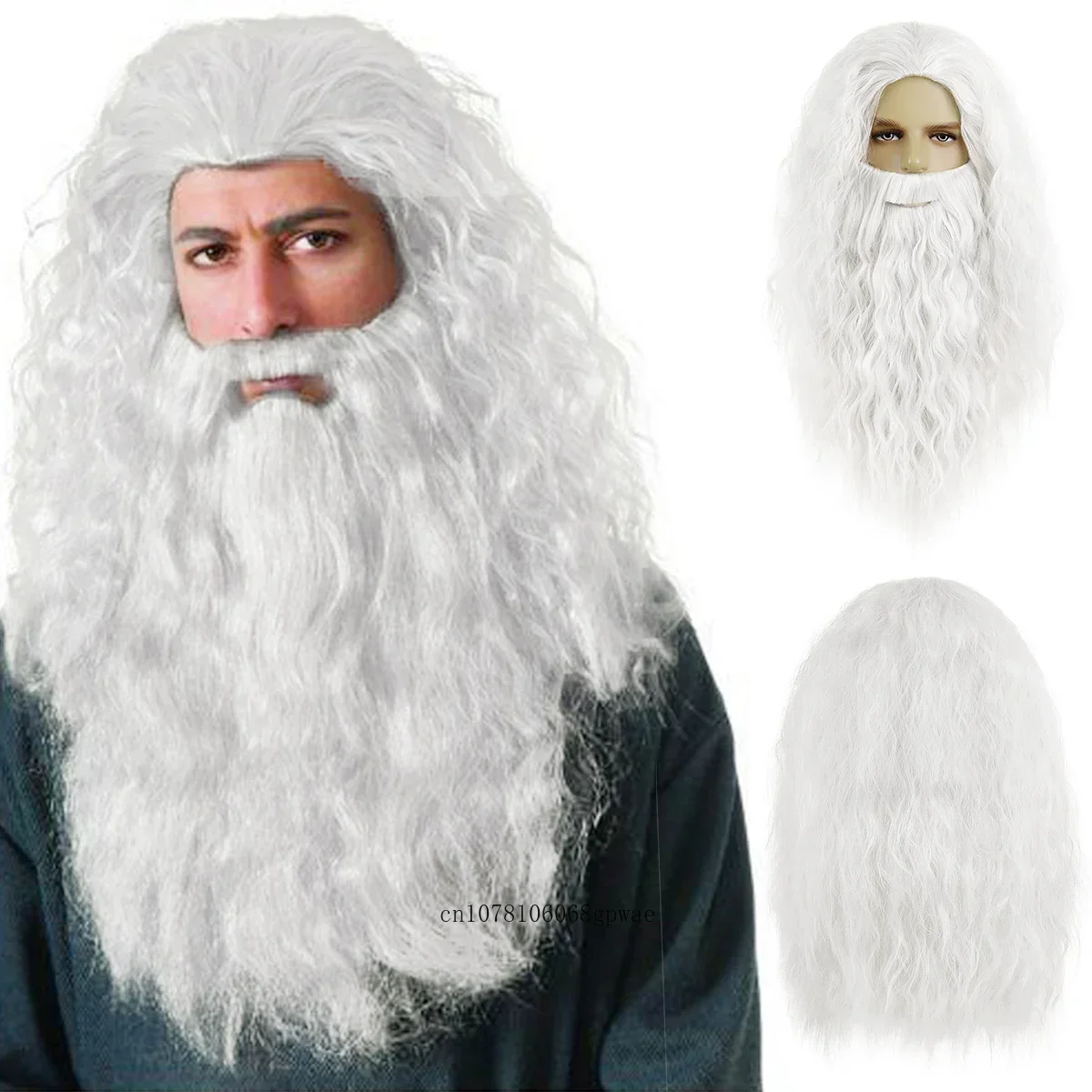 Synthetic Wig Long Curly Hair White/Grey Santa Claus Beard Wig Unisex Men Women Grandpa Christmas Cosplay Wigs Costume Party