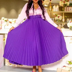 Women Skirts Solid Color Elastic Waist Zipper Fly Party Dress Vestidos High Street Loose Pleated Belt Autumn Ankle Length