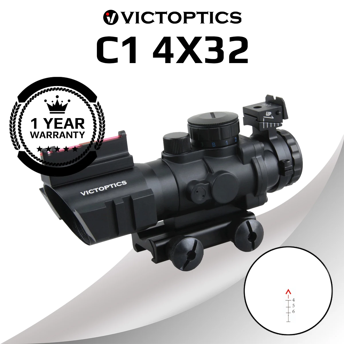 Victoptics 4x32 Prism Riflescope With Rear Iron Sight&Fiber Optics Sight 3 Color Chevron Rapid-Changing Reticle Fit AR 15  M4