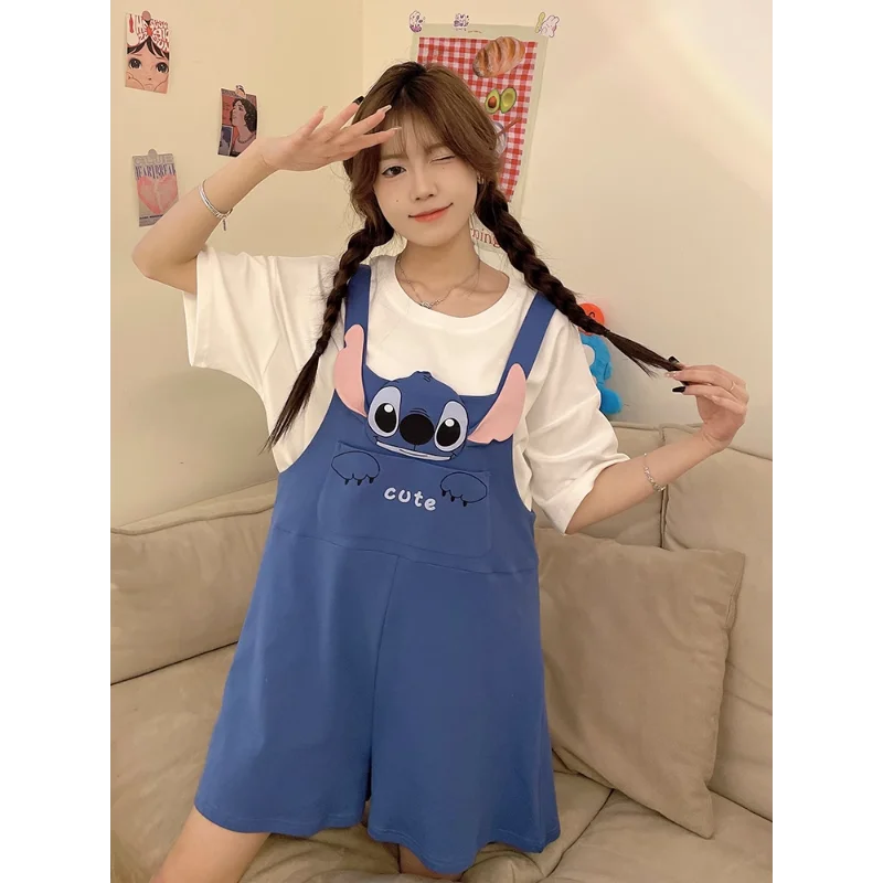 Disney Stitch pajamas summer new cute cartoon straps cotton short sleeves can be worn outside loungewear casual loose suit