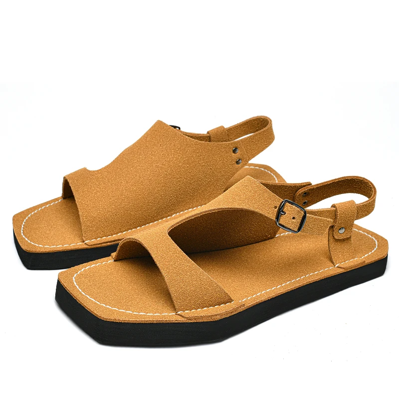 Men Summer Handmade Original Retro Square Head Flat Roman Sandals Breathable Non slip Belt Buckle Casual Sandals