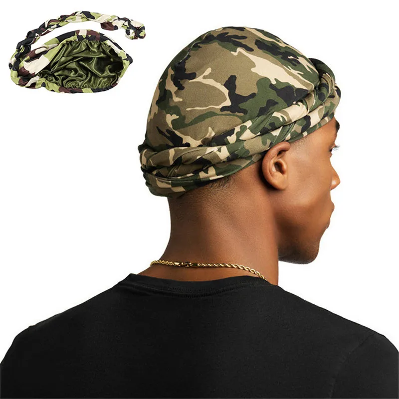 Camouflage Halo Turban for Men Satin Lined Turbans Soft Twist Head Wrap Silky Lined Durags Street Hip Hop Male Bonnet Hat