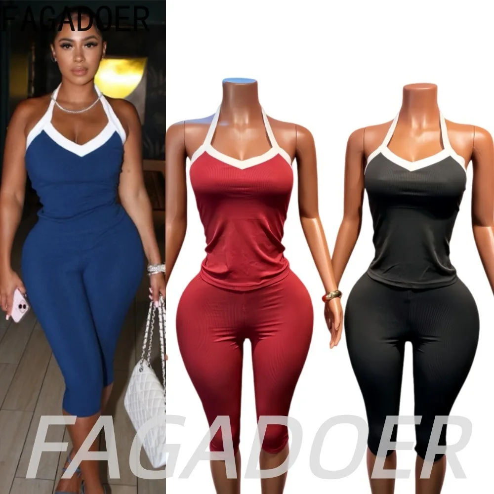 FAGADOER Fashion Patchwork Halter Top 2 Piece Sets Women Sexy Off Shoulder Crop Top and Bodycon Capri Pants Outfits Streetwear