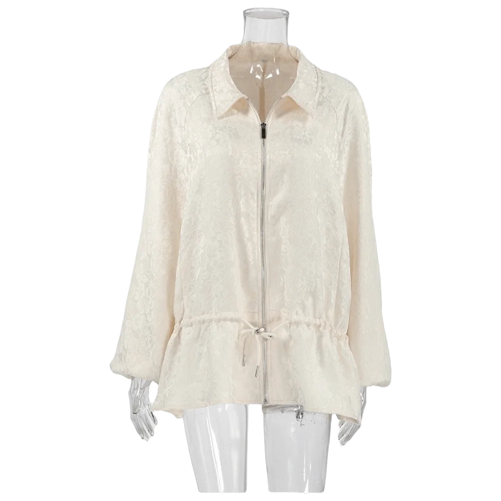 Solid Color Women Jacket Drawstring Waist Lantern Sleeves Cropped Coat Zip Up Jacquard Texture Waist-Cinching Jacket