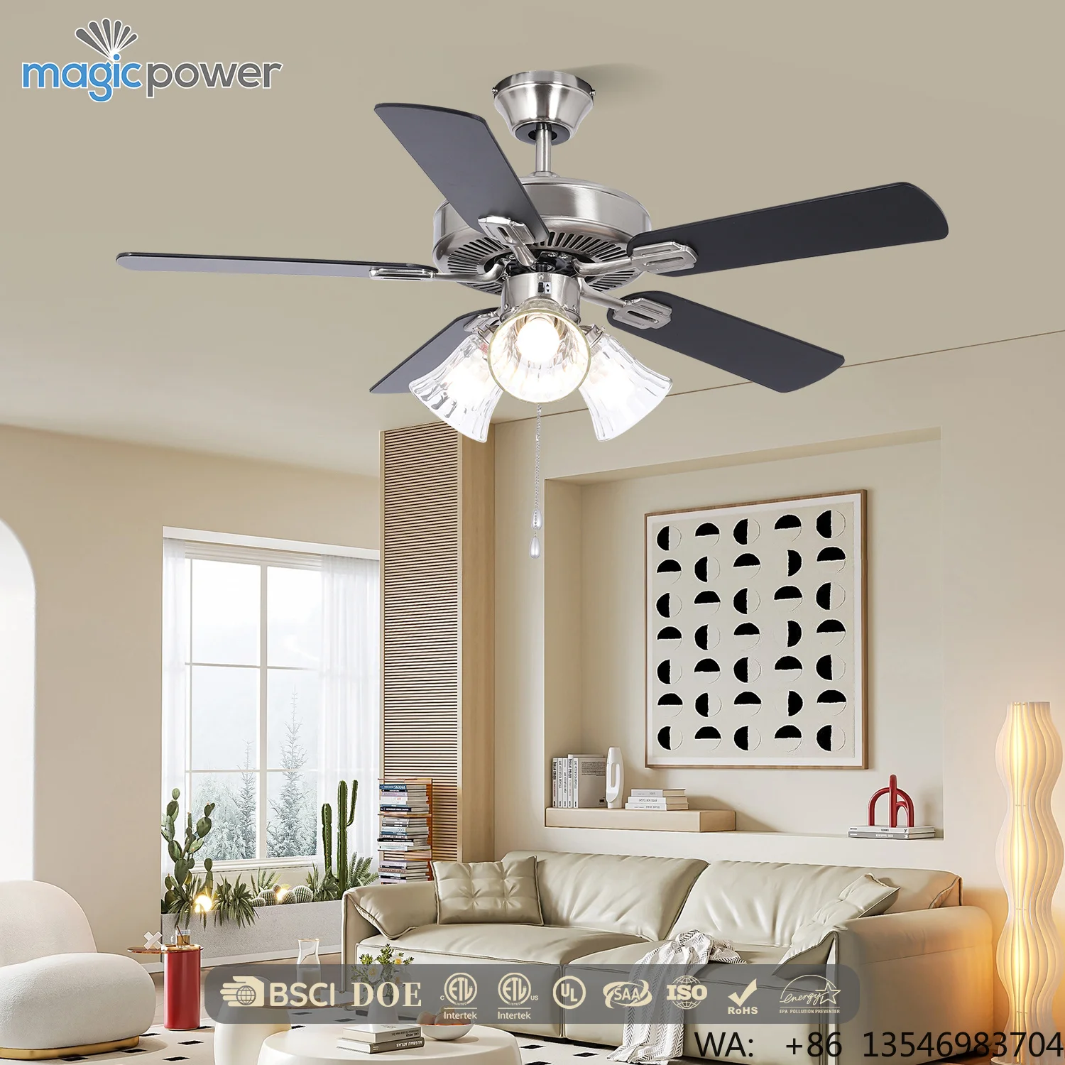42 Inch Indoor Copper Motor Ceiling Fan with Light Classic AC Motor Decorative Chandelier for Household Electric Source