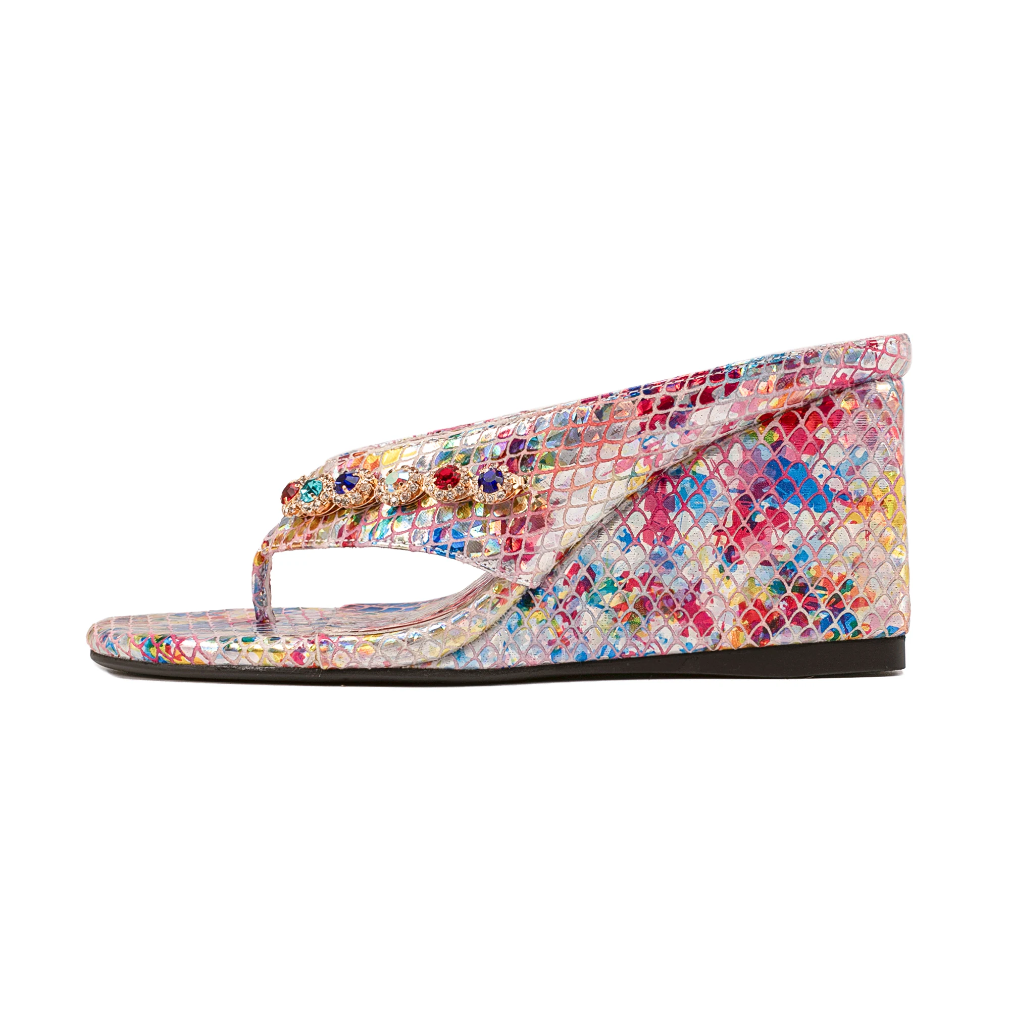 

Arden Furtado Summer Color embossed leather Wedges Flip-flops Round toe Pinch toe High-heeled Crystal Slippers Extra large size