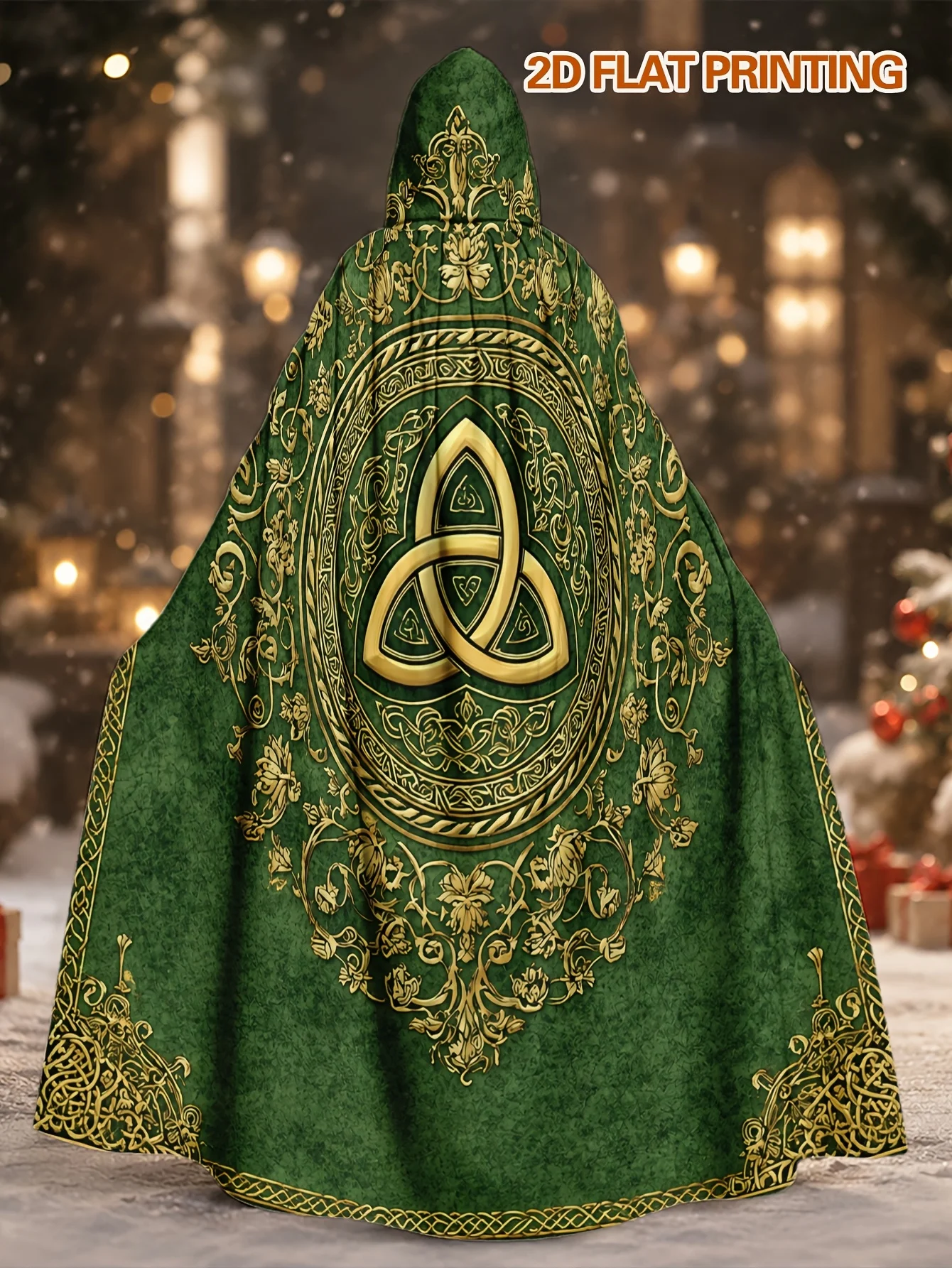 Customization 1pc Witchy Polyester Cape With Ornate Golden Motif On Green Design, Long Hooded Robe For Halloween Spooktacular An