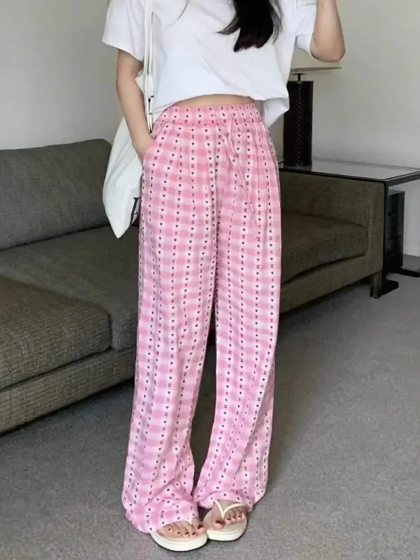 

Pink Heart Plaid Wide Leg Pants Women Summer Thin Loose Drapey Striped Casual Straight Long Trousers Sports Pants
