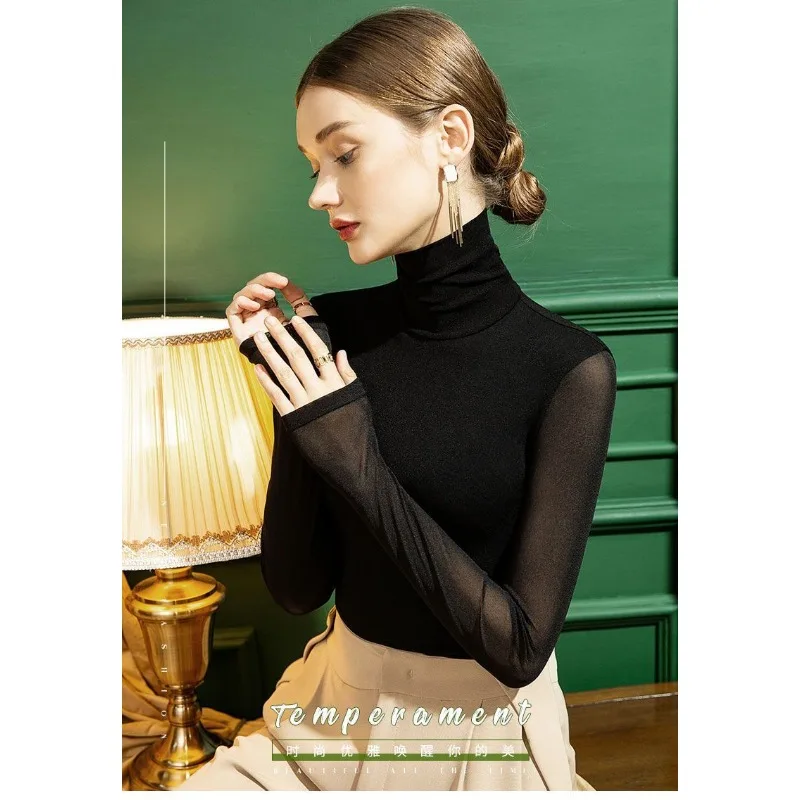 

High Collar Mesh Bottoming Shirt for Women in Autumn and Winter Versatile and Stylish New Slim Fit Long-sleeved Top