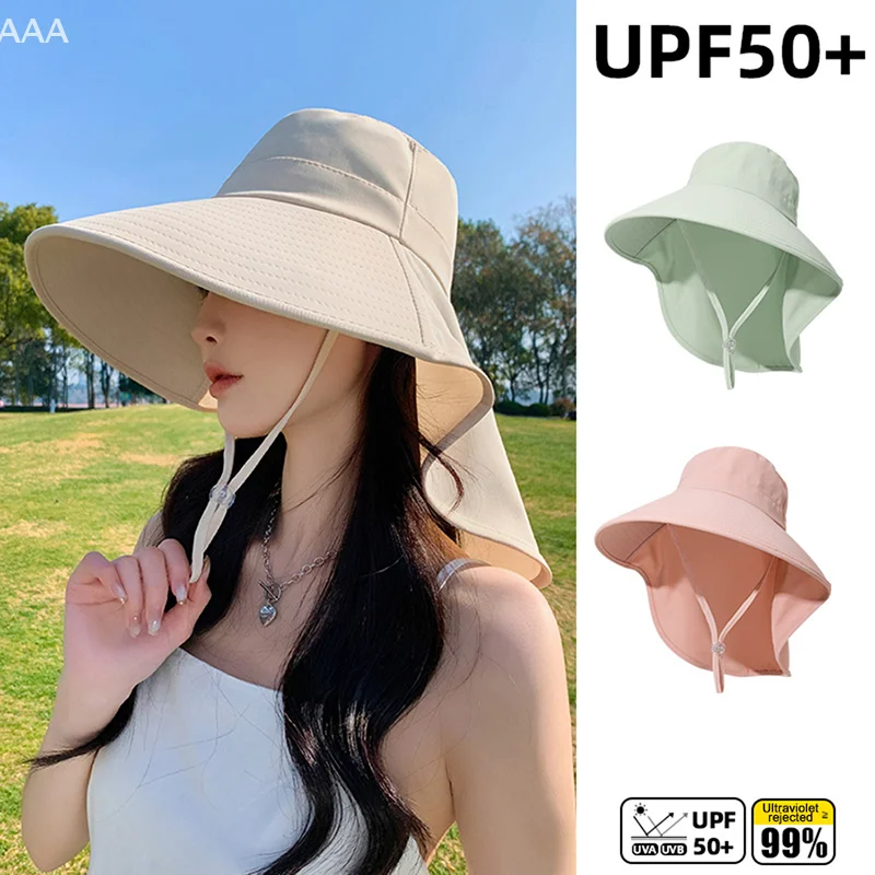 Summer Hats For Women Outdoor UV Anti Neck Protection Sun Visors For Lady Fishing Hiking Wide Brim Shawl Sunscreen Ponytail Cap