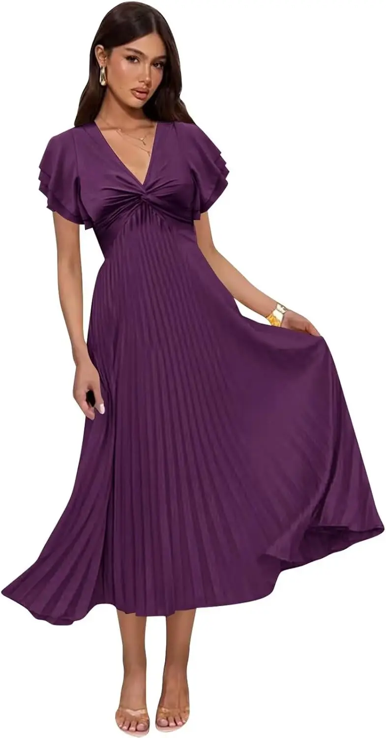 

Плиссированные платья подружки невесты чайной длины для женщин, миди с развевающимися рукавами и v-образным вырезом, вечернее платье, простые элегантные вечерние платья, платье для гостей