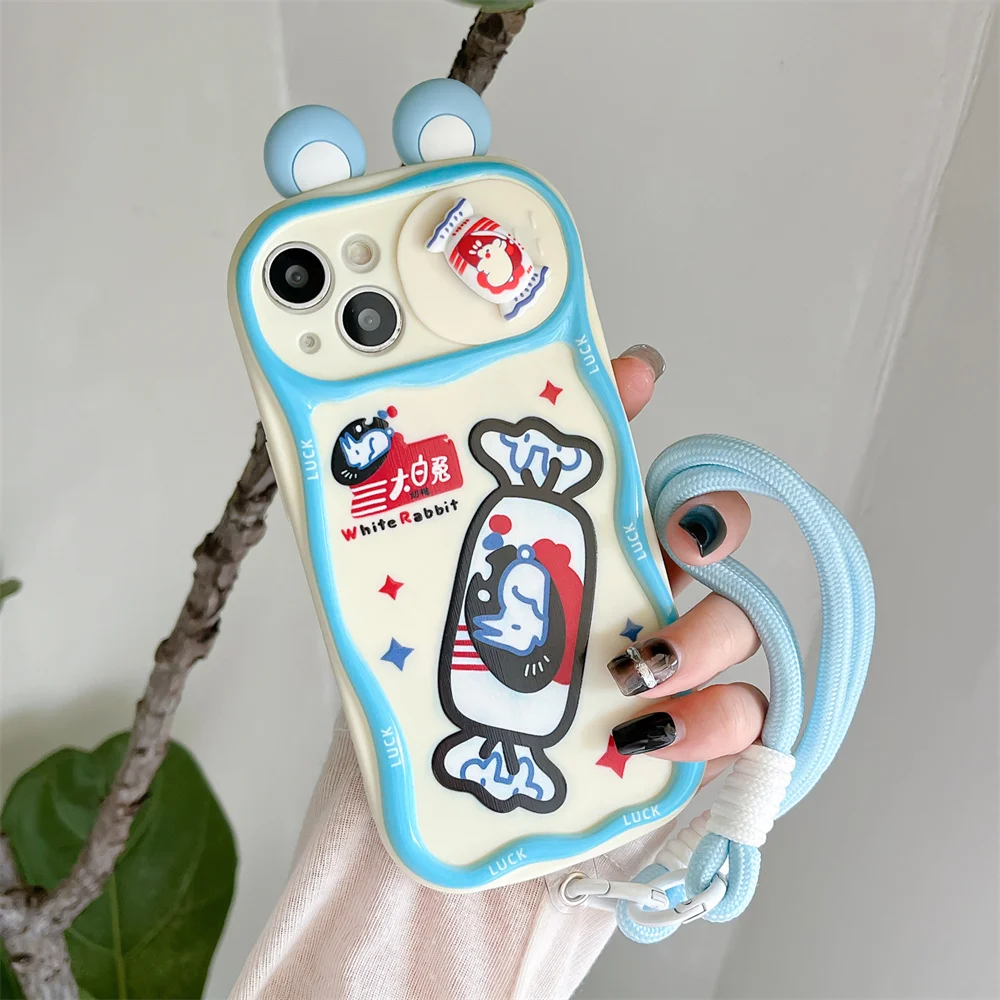 3D White Rabbit Milk Candy Lanyard Chain Phone Case For iPhone 15 14 13 12 11 Pro Max Plus XS Max XR Cute Cover