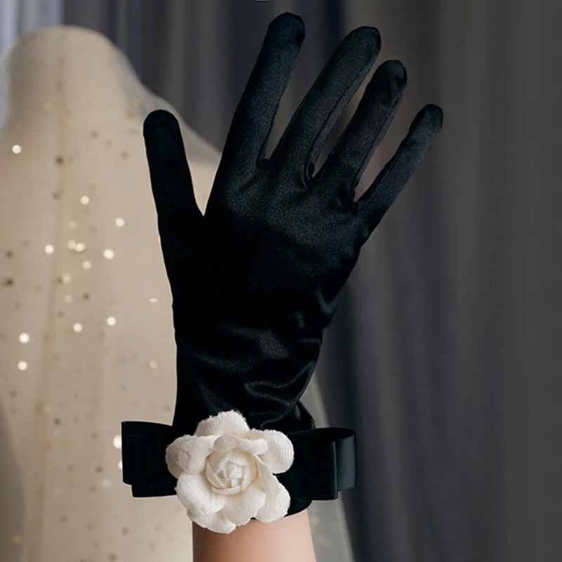 

Korean Solid Color Flower Satin Black Bow Studio Photo Modeling Wedding Dress Gloves Women Summer Driving Sunscreen Gloves S95